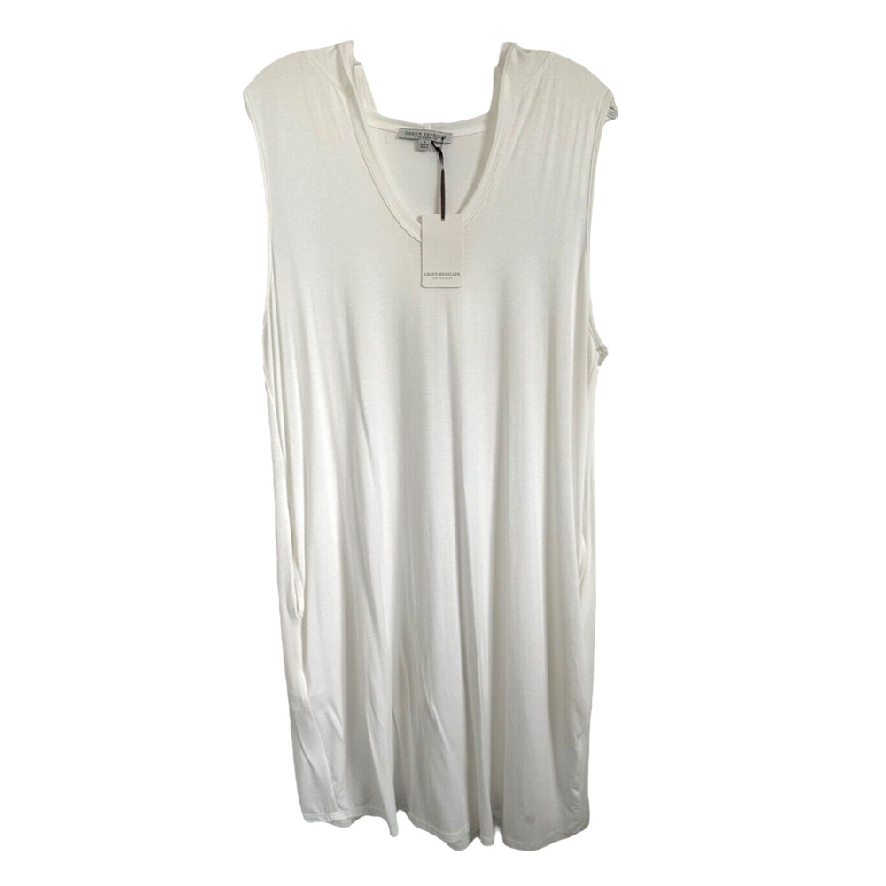 Green Envelope Women's Hooded Shirt Dress Sleeveless Rayon Size L White